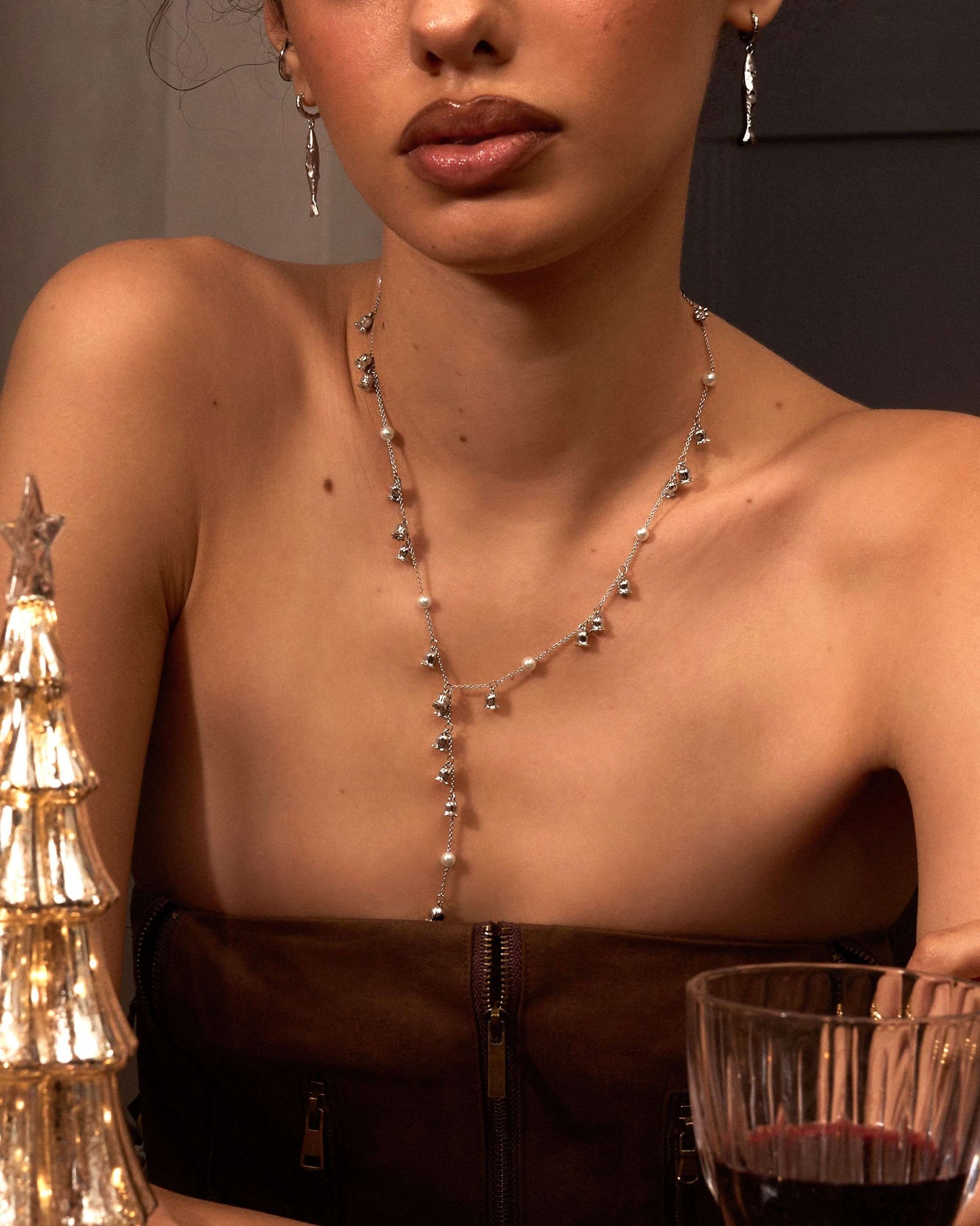 Lily of the Valley Pearl Lariat Necklace in Silver