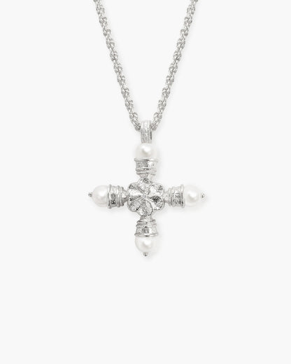 Florence Pearl Cross Necklace in Silver