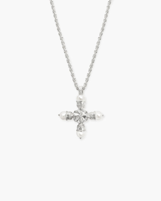 Florence Pearl Cross Necklace in Silver