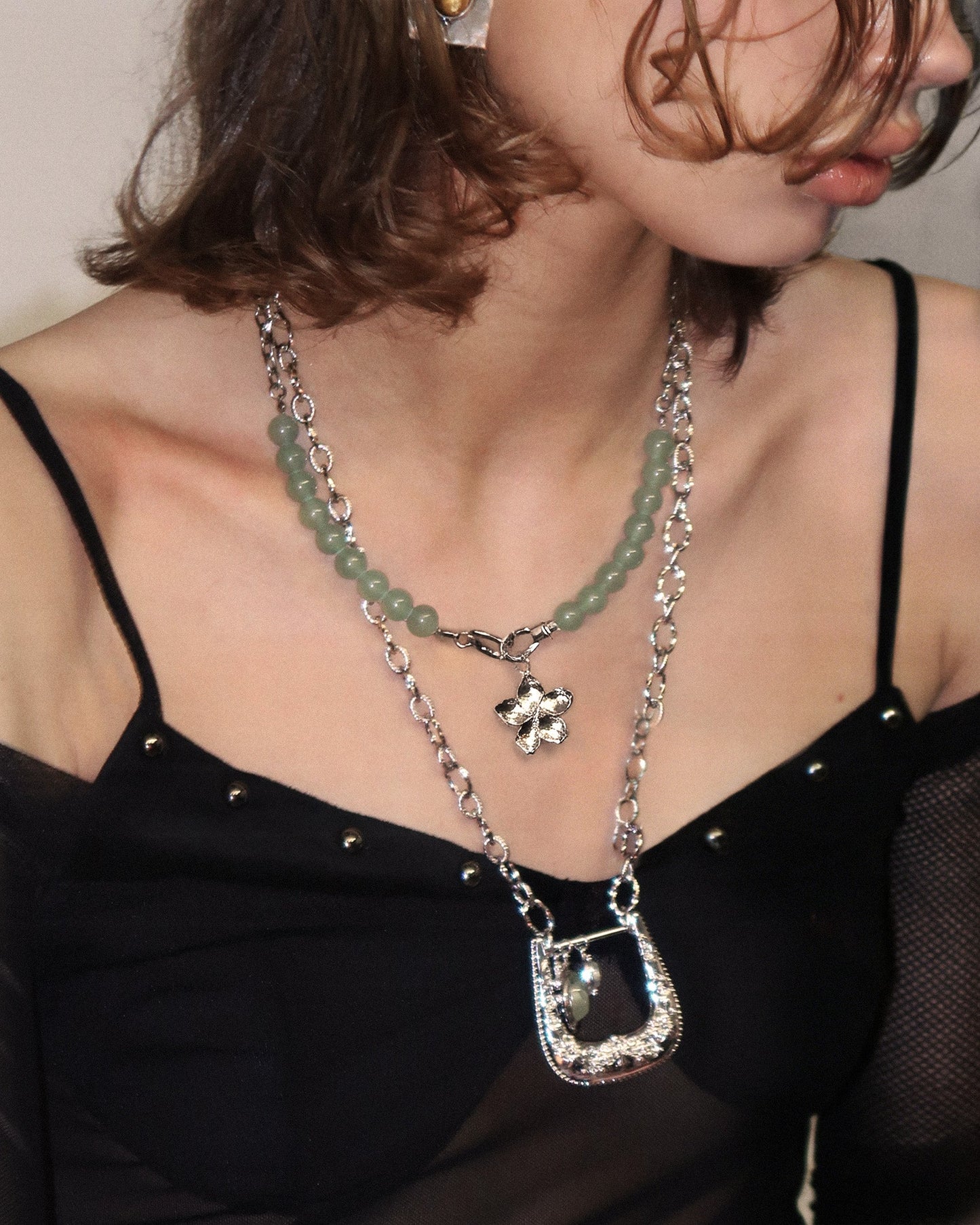 Green Aventurine Beaded Necklace with Charm Holder Clasp
