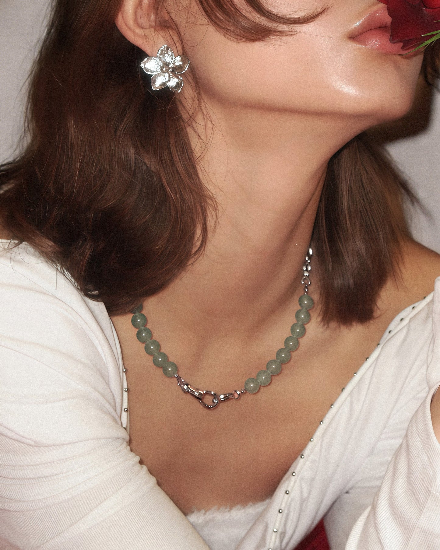 Green Aventurine Beaded Necklace with Charm Holder Clasp