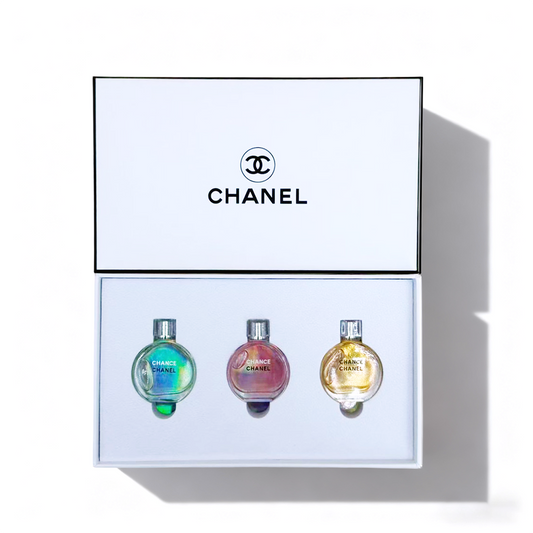 Chanel white box sample set of three round bottles