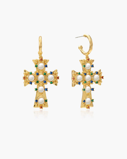 Lover of Helius Pearl Cross Earrings